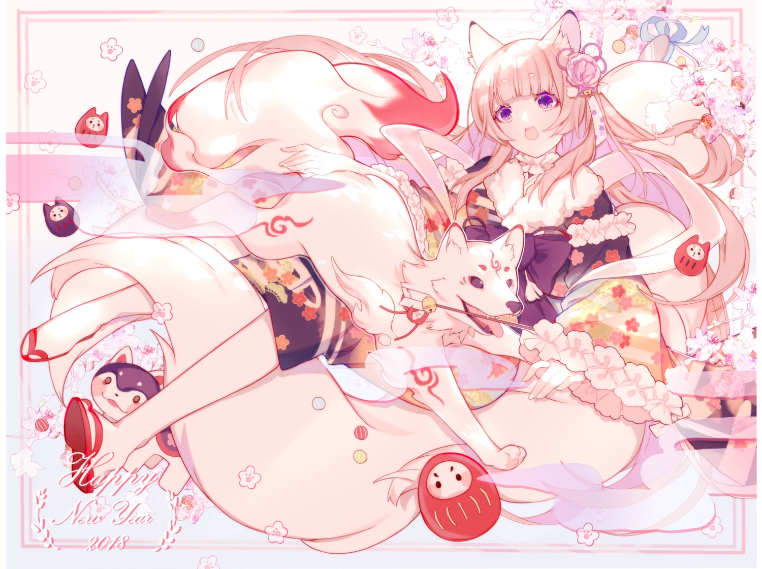 animal, bell, japanese_clothes, long_hair, miyuki_(miyuki_05290), original, purple_eyes, wolf