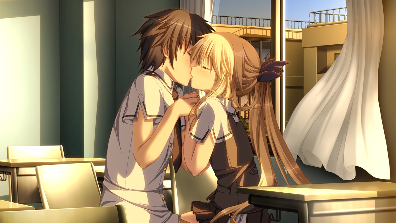 blonde_hair, building, chrono_clock, dorothy_davenport, game_cg, kiss, long_hair, male