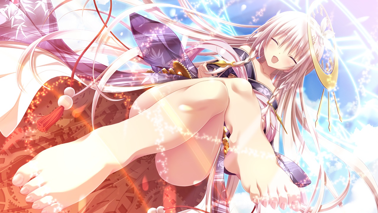 barefoot, chrono_clock, game_cg, halo, japanese_clothes, koku, kuro_(chrono_clock), long_hair