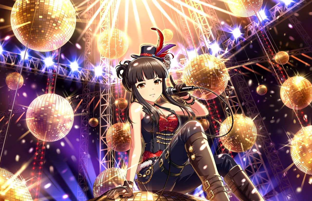 annin_doufu, boots, breasts, brown_eyes, brown_hair, chain, cleavage, gloves, headdress, idolmaster, idolmaster_cinderella_girls, idolmaster_cinderella_girls_starlight_stage, kurokawa_chiaki, microphone, wristwear