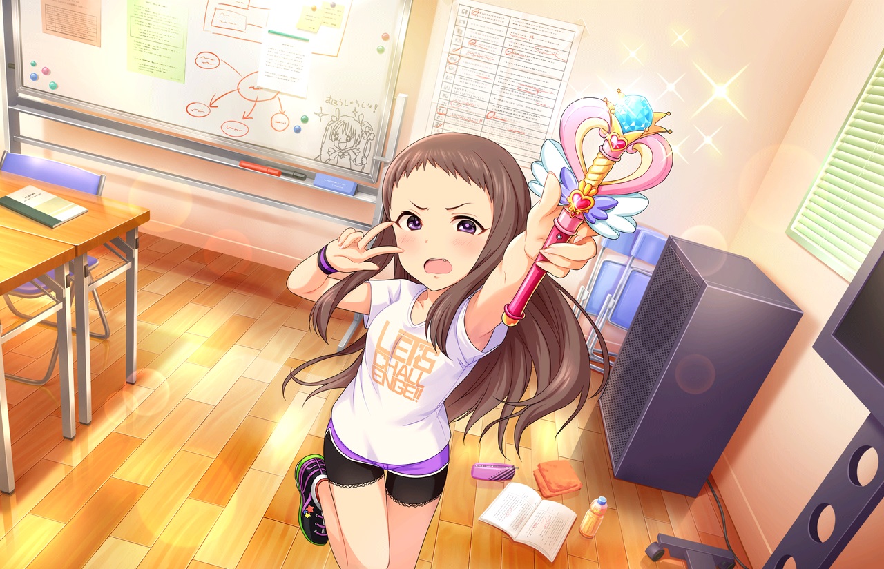 annin_doufu, bike_shorts, blush, book, brown_hair, drink, fang, idolmaster