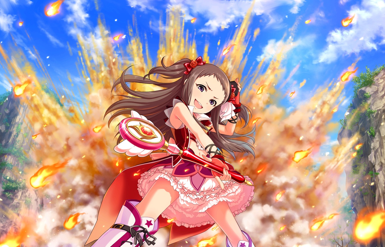 annin_doufu, boots, brown_hair, dress, fire, gloves, idolmaster, idolmaster_cinderella_girls