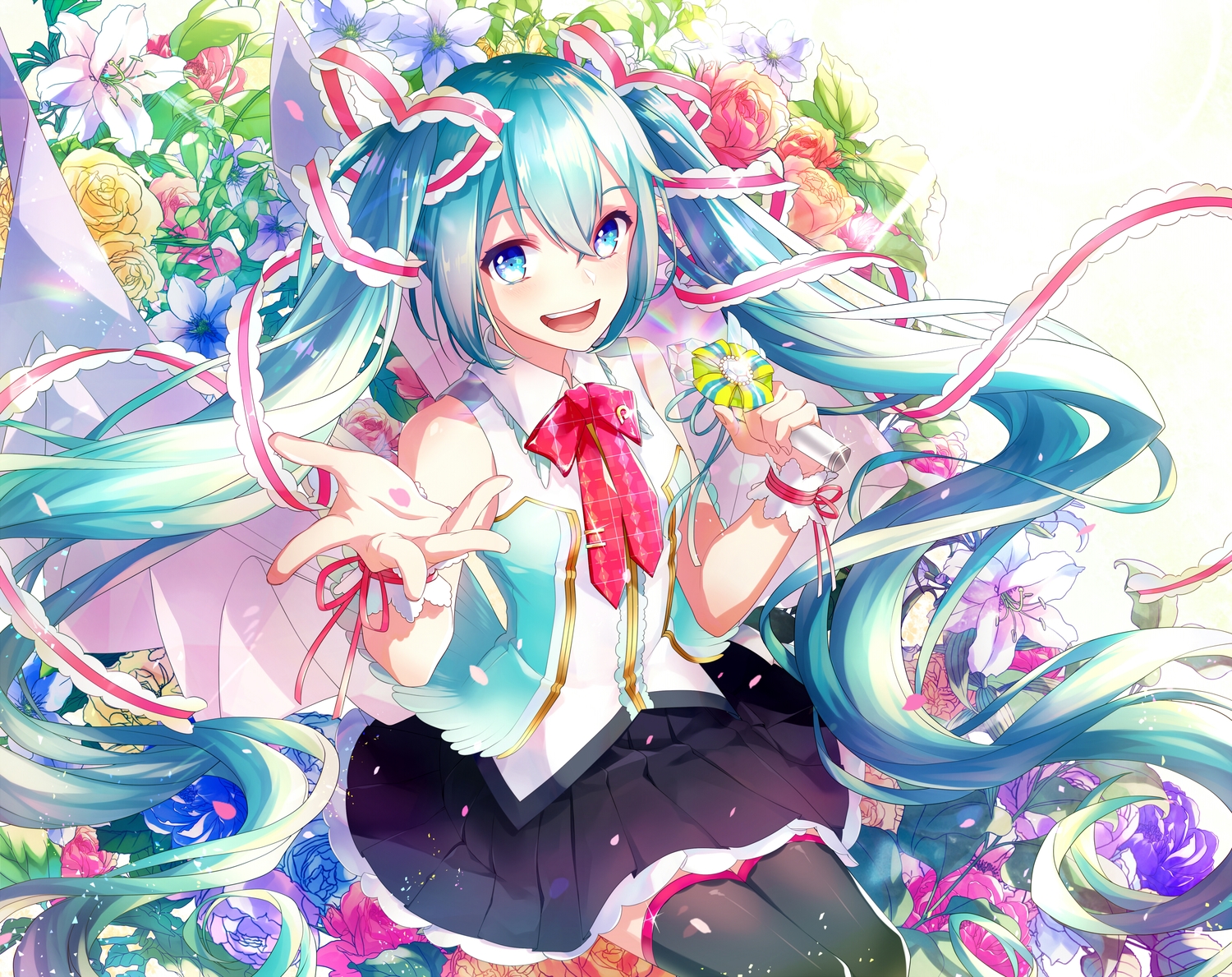 aqua_eyes, aqua_hair, flowers, gari, hatsune_miku, long_hair, ribbons, rose
