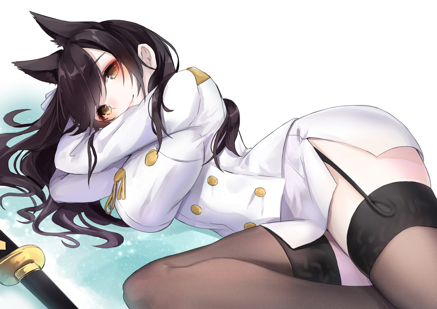 animal_ears, anthropomorphism, atago_(azur_lane), azur_lane, black_hair, breasts, brown_eyes, doggirl, garter_belt, katana, military, pecco_chan, skirt, stockings, sword, thighhighs, uniform, weapon