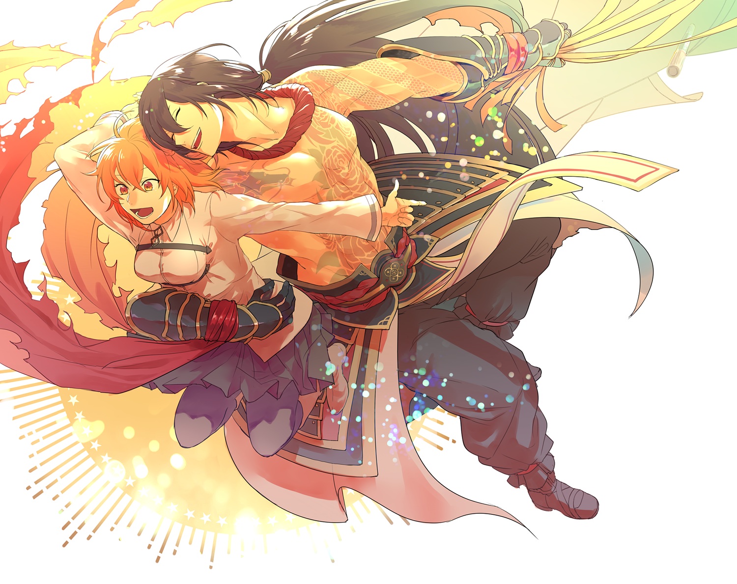 black_hair, boots, fate/grand_order, fate_(series), fujimaru_ritsuka_(female), gloves, long_hair, male, orange_eyes, orange_hair, ororooops, pantyhose, short_hair, skirt, tattoo, yan_qing