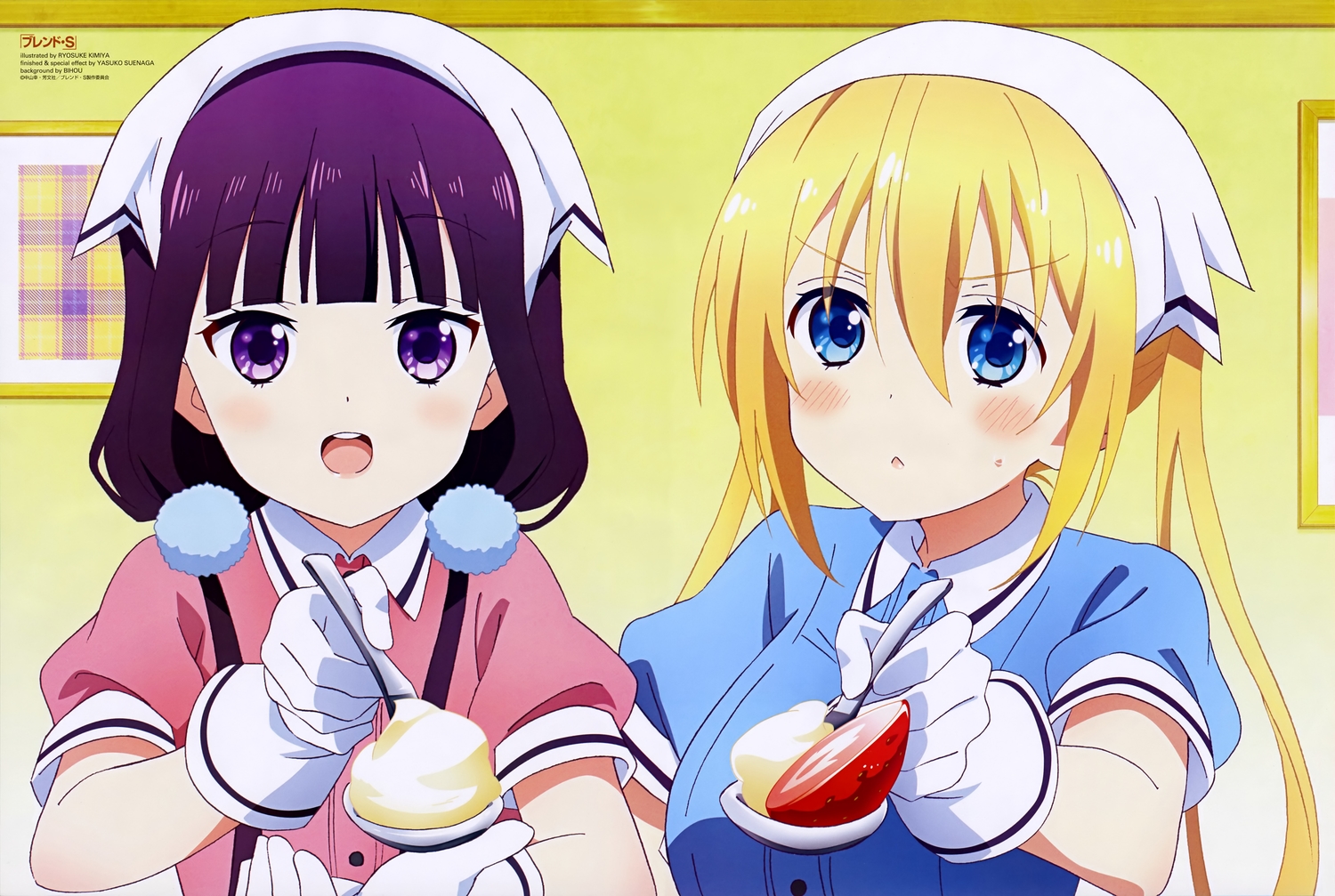 2girls, blend_s, blonde_hair, blue_eyes, food, fruit, gloves, hinata_kaho