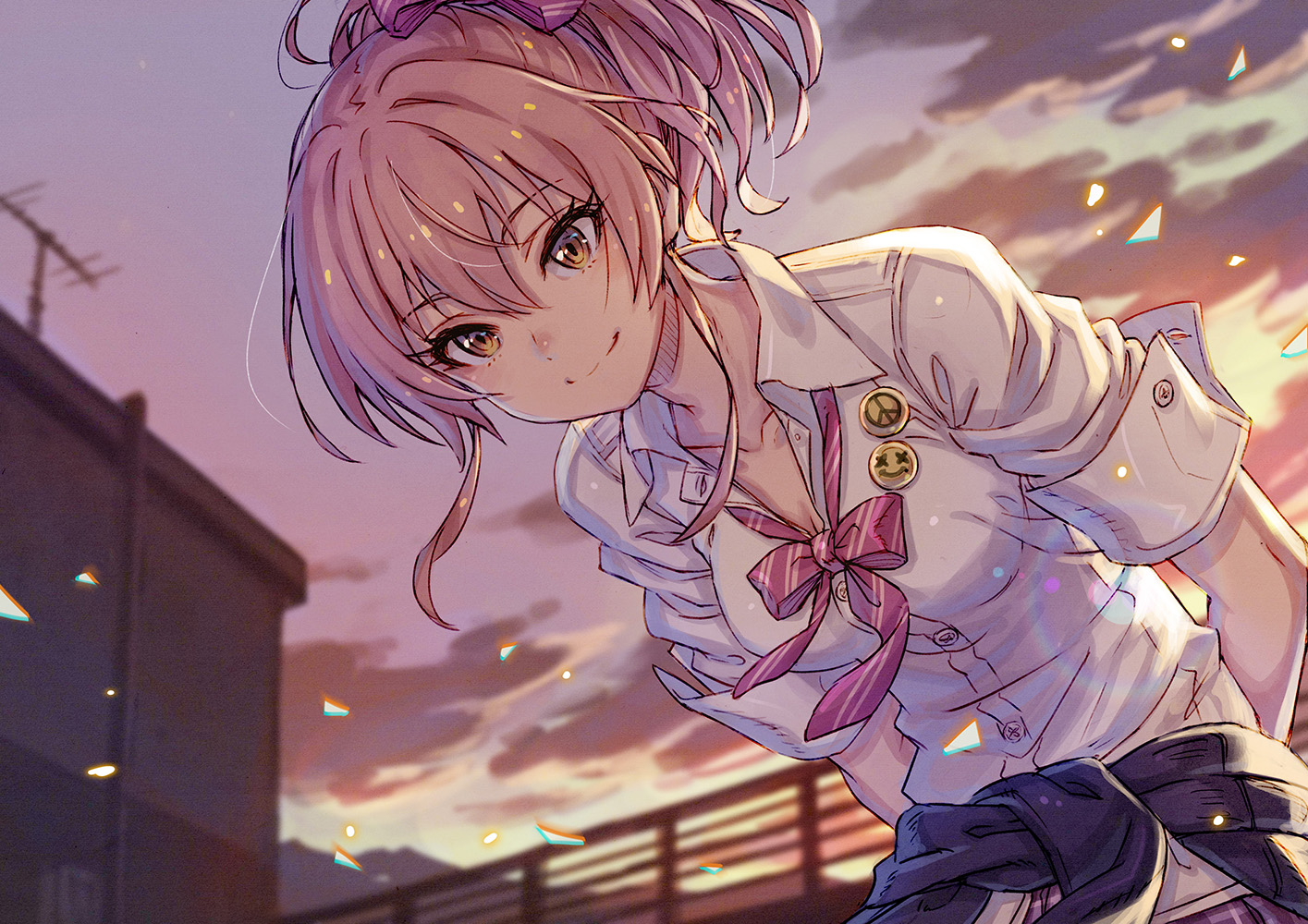 bow, clouds, idolmaster, idolmaster_cinderella_girls, jougasaki_mika, kusano_shinta, pink_hair, school_uniform