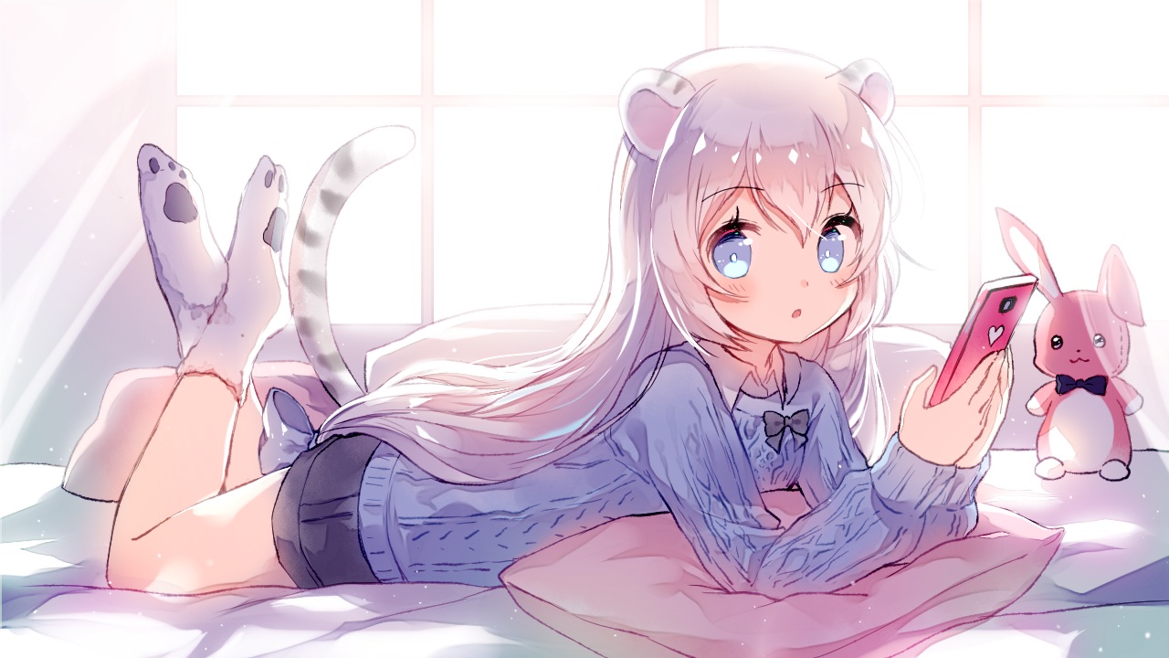 animal_ears, bed, blush, bow, bunny, catgirl, loli, long_hair, mechuragi, original, phone, shorts, socks, tail, white_hair