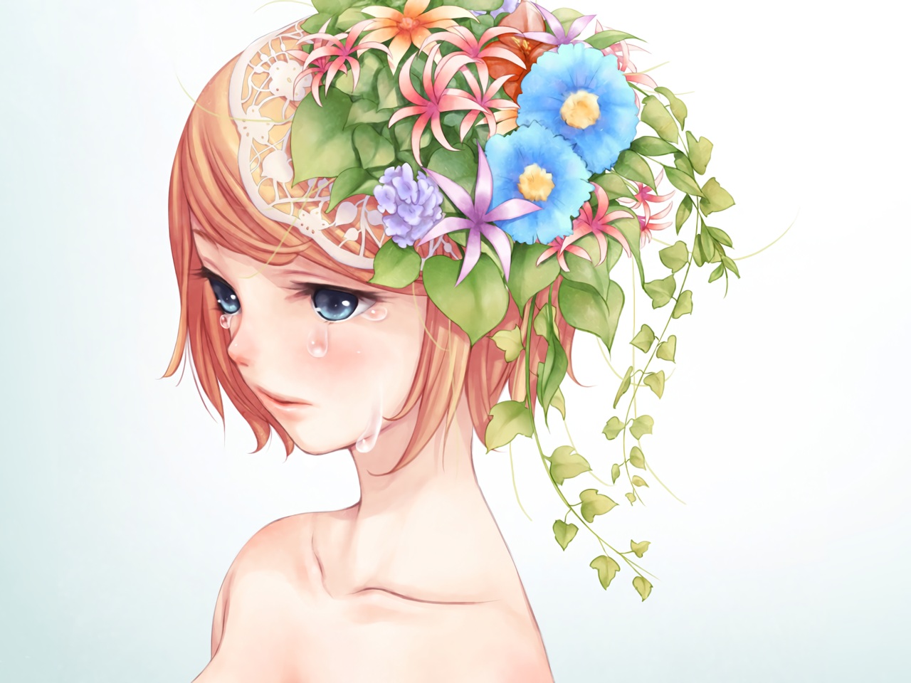 blue_eyes, close, crying, f-cla, flowers, gradient, headdress, kagamine_rin