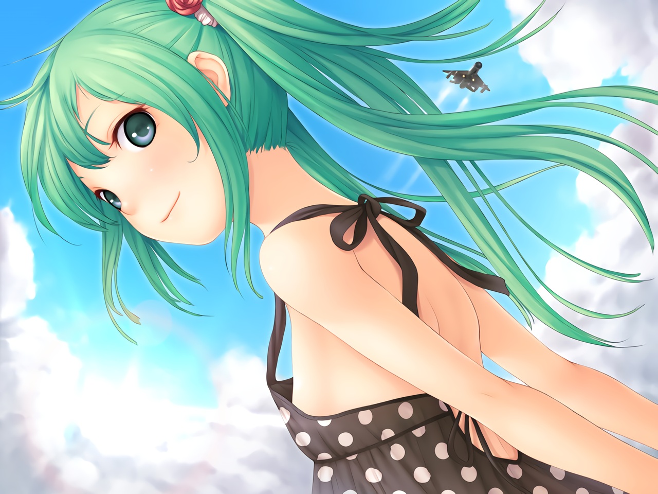 aircraft, aqua_eyes, close, dress, f-cla, green_hair, hatsune_miku, long_hair, no_bra, summer_dress, twintails, vocaloid, waifu2x