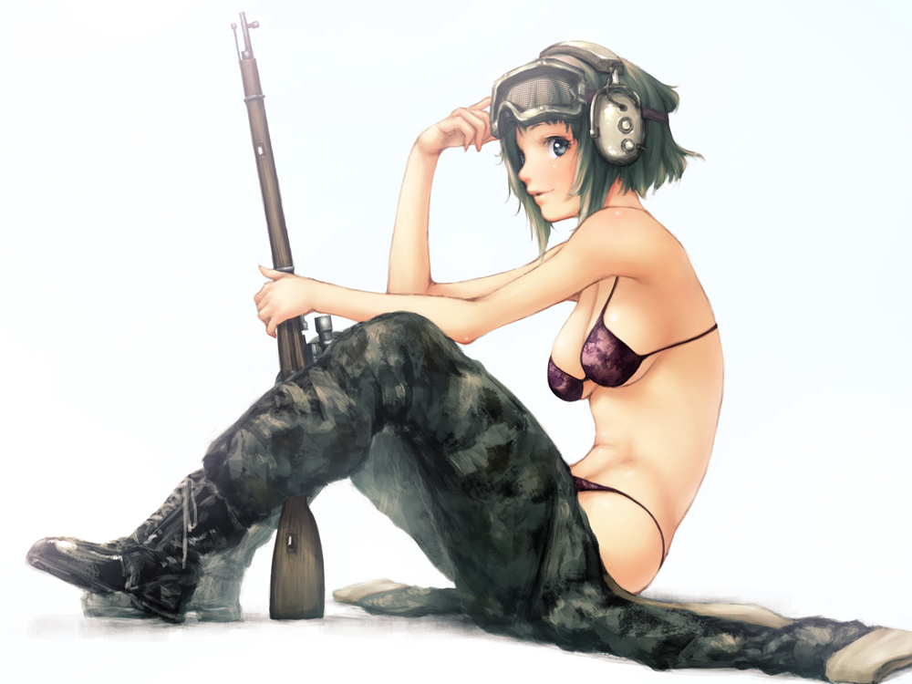 boots, bra, breasts, cleavage, f-cla, goggles, gumi, gun