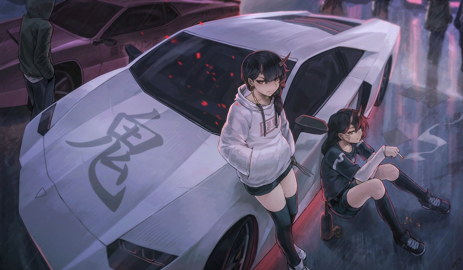 car, cigarette, demon, drink, hood, horns, kneehighs, night, original, rain, shorts, smoking, tattoo, thighhighs, water, watermark, weapon, zhaoyuan_pan