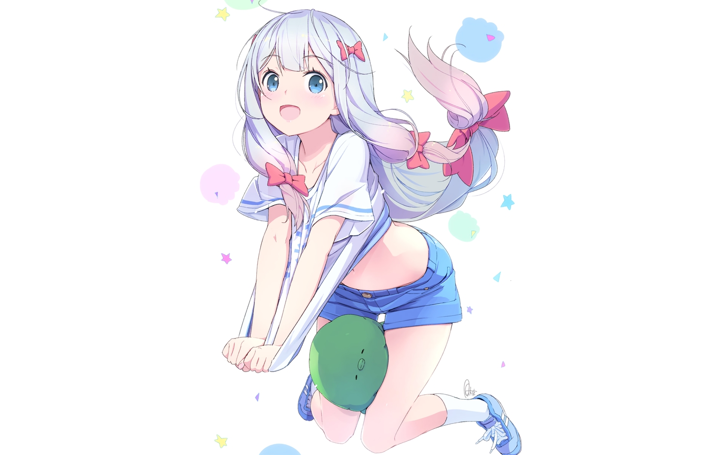 aqua_eyes, azumi_akitake, blush, bow, eromanga-sensei, izumi_sagiri, loli, long_hair, navel, shorts, signed, socks, white, white_hair