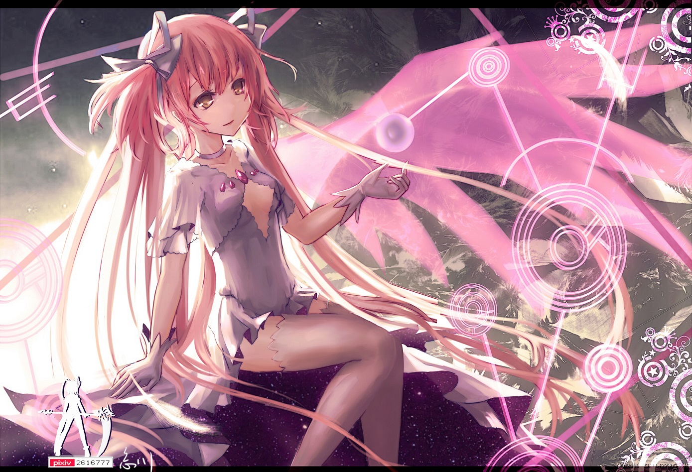 brown_eyes, choker, dress, gloves, kaname_madoka, long_hair, mahou_shoujo_madoka_magica, pink_hair, ribbons, signed, thighhighs, twintails, ultimate_madoka, wangchuan_de_quanyan