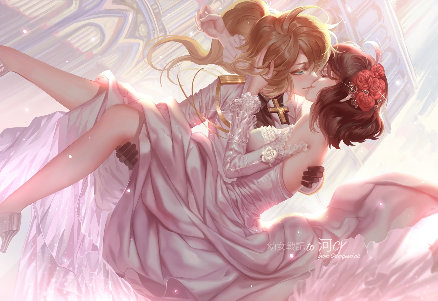 2girls, blonde_hair, brown_hair, cross, dress, flowers, gloves, green_eyes