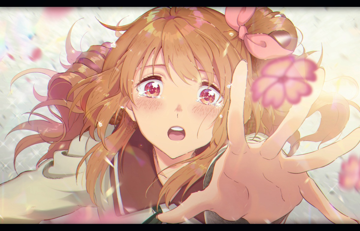 aikatsu!, blush, brown_hair, close, crying, flowers, long_hair, oozora_akari