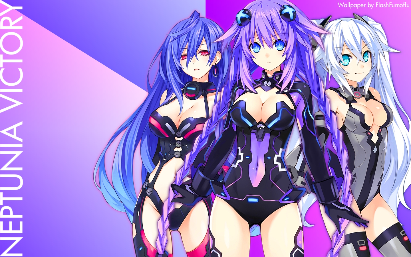 black_heart, blue_eyes, blue_hair, bodysuit, braids, breasts, cleavage, gray_hair