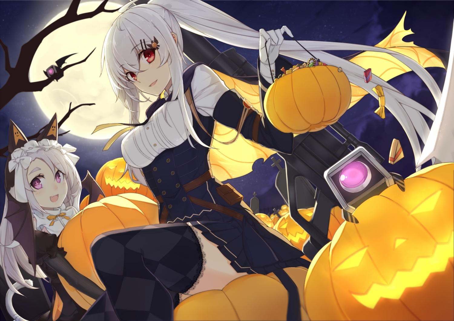 animal_ears, anthropomorphism, bow, breasts, candy, catgirl, cross, fang