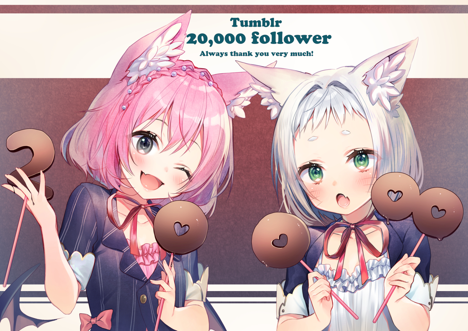 2girls, animal_ears, black_eyes, blush, bow, braids, candy, catgirl
