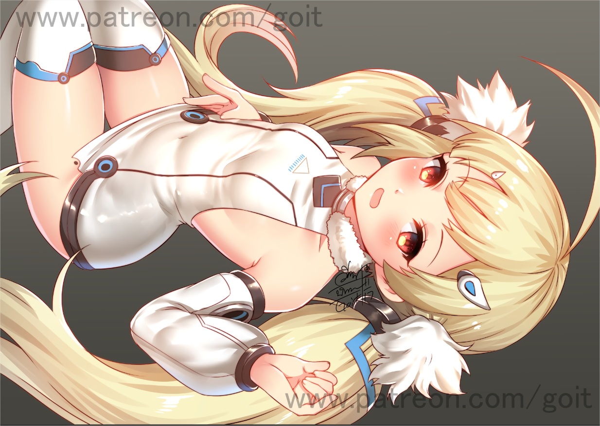 anthropomorphism, azur_lane, blonde_hair, blush, bodysuit, eldridge_(azur_lane), go-it, loli, long_hair, red_eyes, signed, thighhighs, twintails, watermark