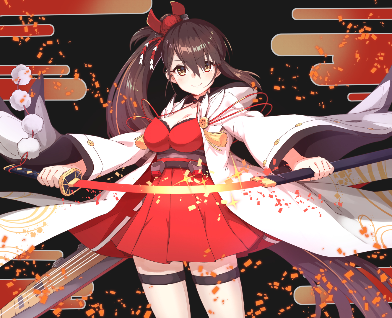 anthropomorphism, azur_lane, blush, breasts, brown_eyes, brown_hair, cleavage, garter