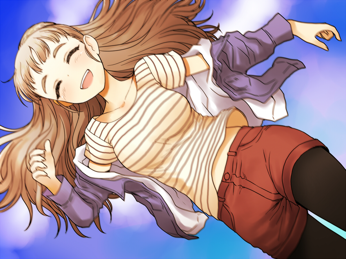 blush, brown_hair, idolmaster, idolmaster_cinderella_girls, kamiya_nao, long_hair, pantyhose, sakaki_imasato, shorts