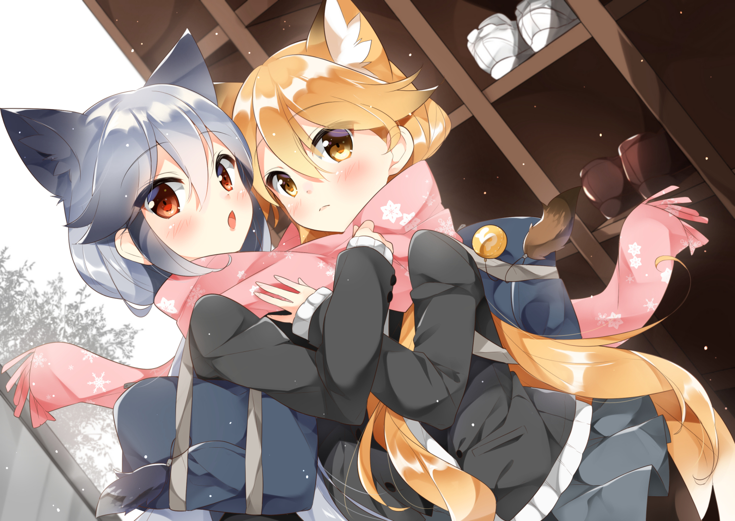 2girls, animal_ears, anthropomorphism, blonde_hair, blush, foxgirl, gau_(n00_shi), gray_hair, kemono_friends, long_hair, red_eyes, red_fox_(kemono_friends), scarf, silver_fox_(kemono_friends), skirt, tail, yellow_eyes