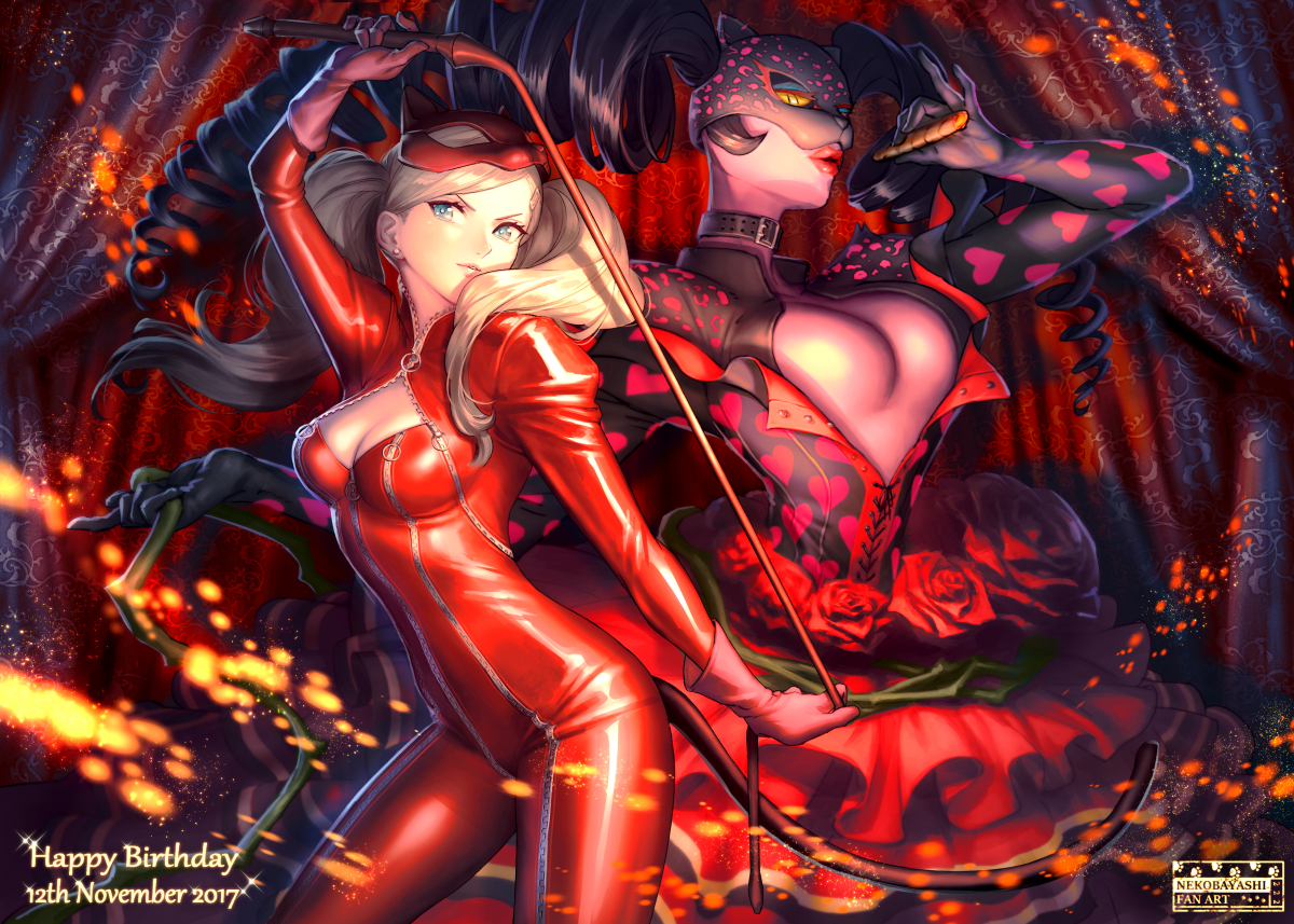 aqua_eyes, blonde_hair, bodysuit, breasts, carmen_(persona_5), cleavage, gloves, long_hair