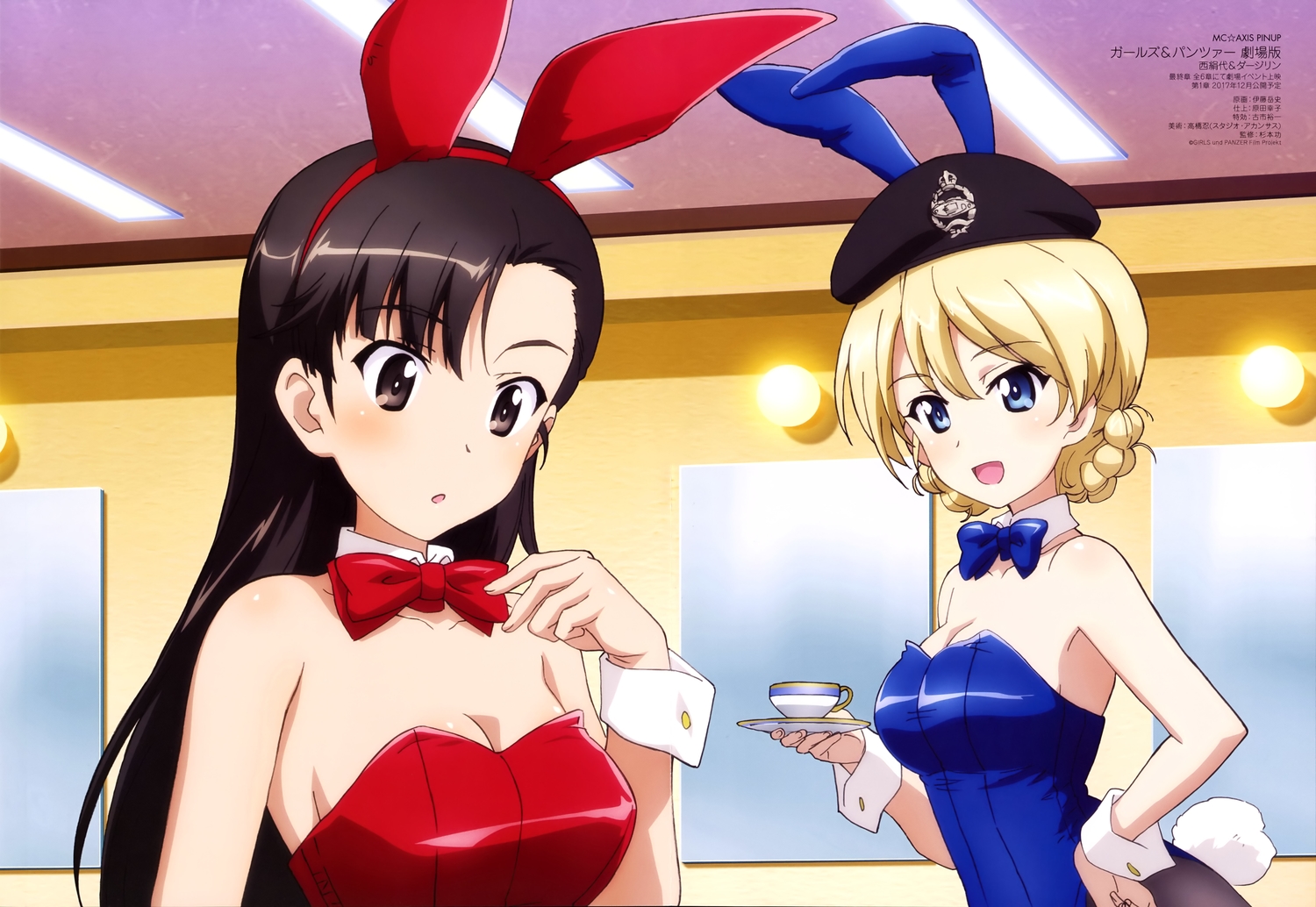 2girls, animal_ears, black_hair, blonde_hair, blue_eyes, blush, bow, breasts, brown_eyes, bunny_ears, bunnygirl, darjeeling_(girls_und_panzer), drink, girls_und_panzer, hat, headband, long_hair, nishi_kinuyo, scan, tagme_(artist), tail, wristwear