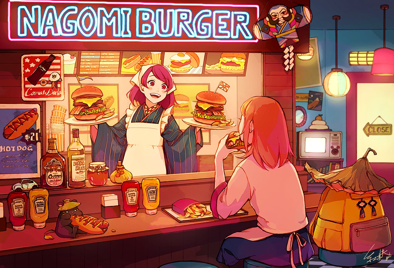 2girls, akagi_shun, animal, apron, drink, food, headdress, japanese_clothes, kimono, mouse, orange_hair, original, purple_hair, red_eyes, short_hair, signed, waifu2x