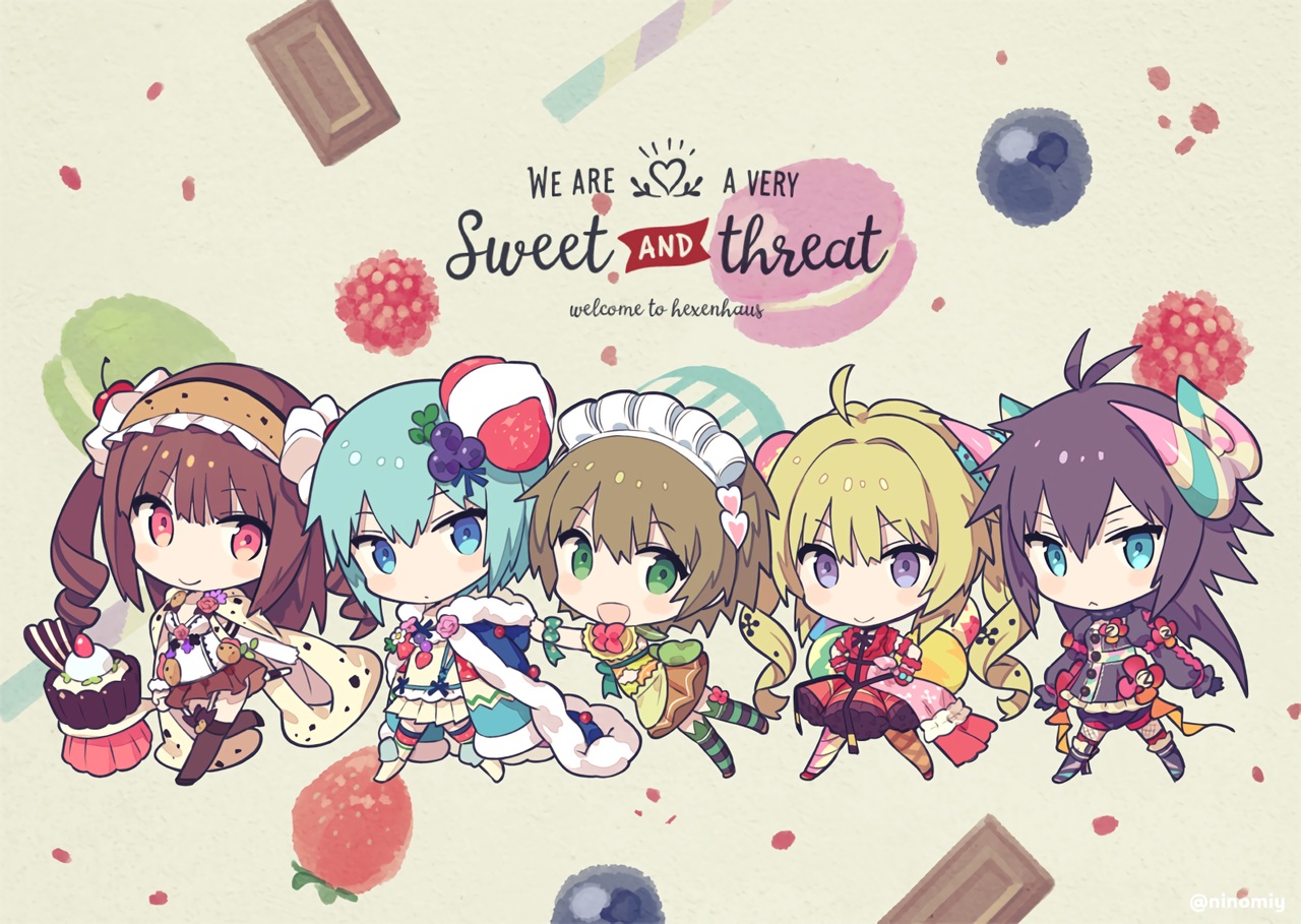 aqua_eyes, aqua_hair, black_hair, blonde_hair, blue_eyes, boots, brown_hair, candy