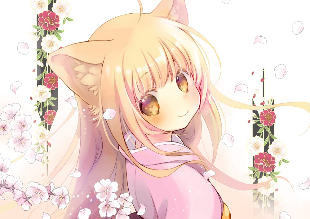 animal_ears, blonde_hair, blush, cherry_blossoms, close, flowers, foxgirl, japanese_clothes