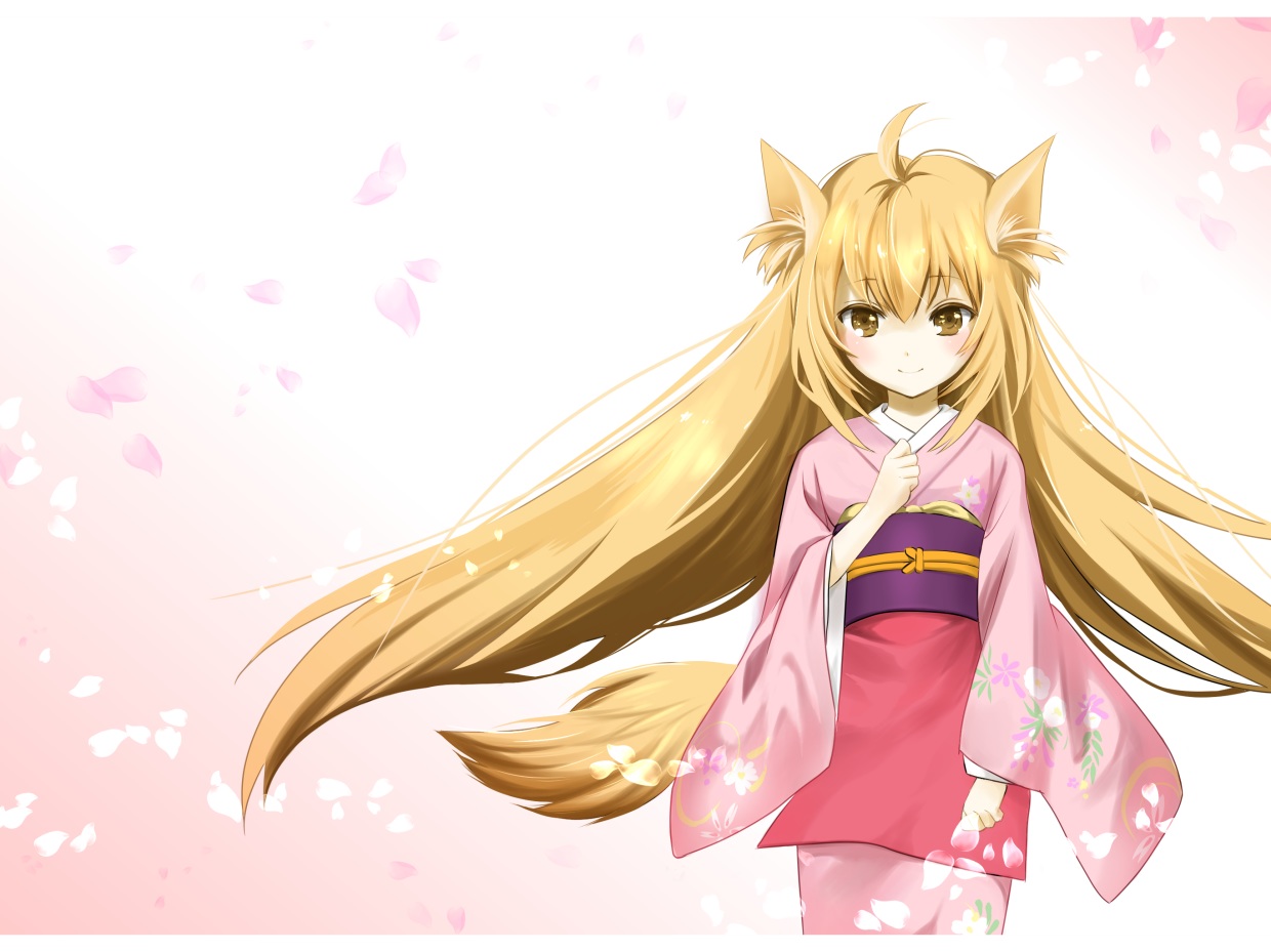 animal_ears, blonde_hair, brown_eyes, foxgirl, japanese_clothes, kimono, konohana_kitan, long_hair