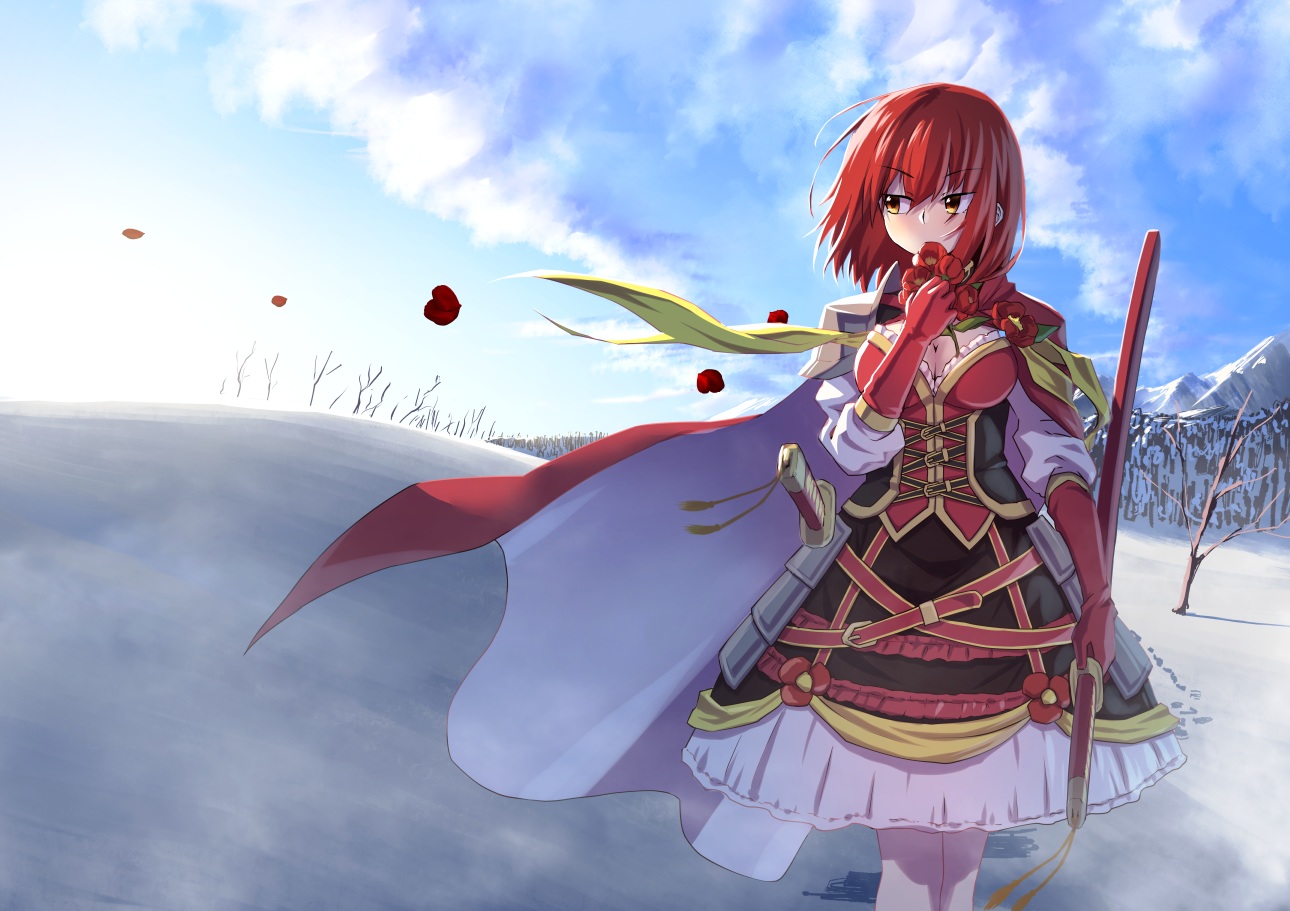 anthropomorphism, breasts, brown_eyes, cape, clouds, elbow_gloves, flower_knight_girl, flowers, gloves, mizunashi_(second_run), red_hair, short_hair, sky, snow, tsubaki_(flower_knight_girl), winter