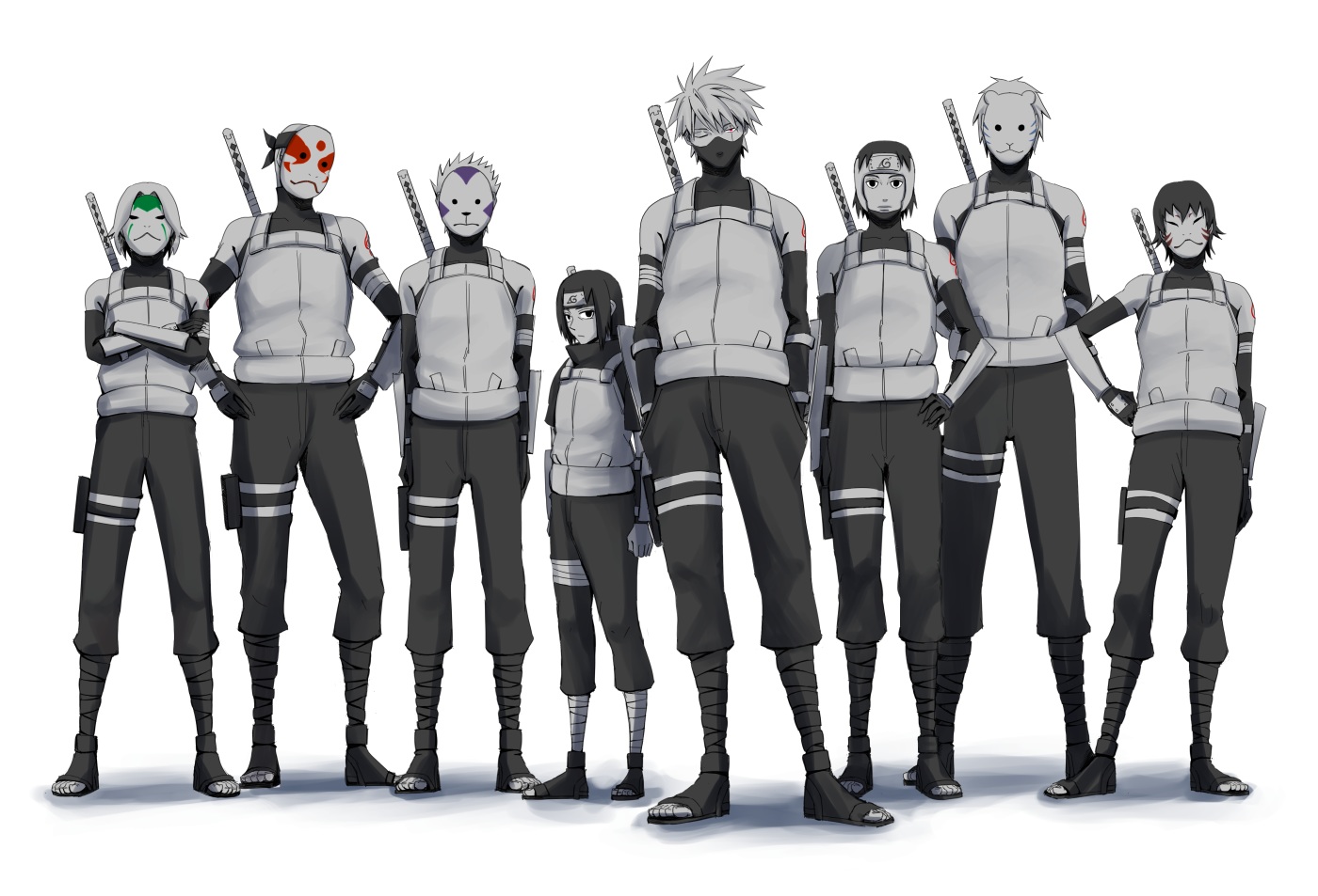 aliasing, black_eyes, black_hair, choco-black, gloves, gray_hair, group, hatake_kakashi