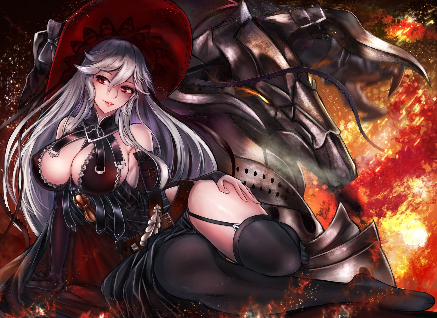 armor, bow, breasts, cape, cleavage, granblue_fantasy, gray_hair, hat, long_hair, magisa_(granblue_fantasy), morax_(granblue_fantasy), red_eyes, ribbons, stockings, witch, ytoy