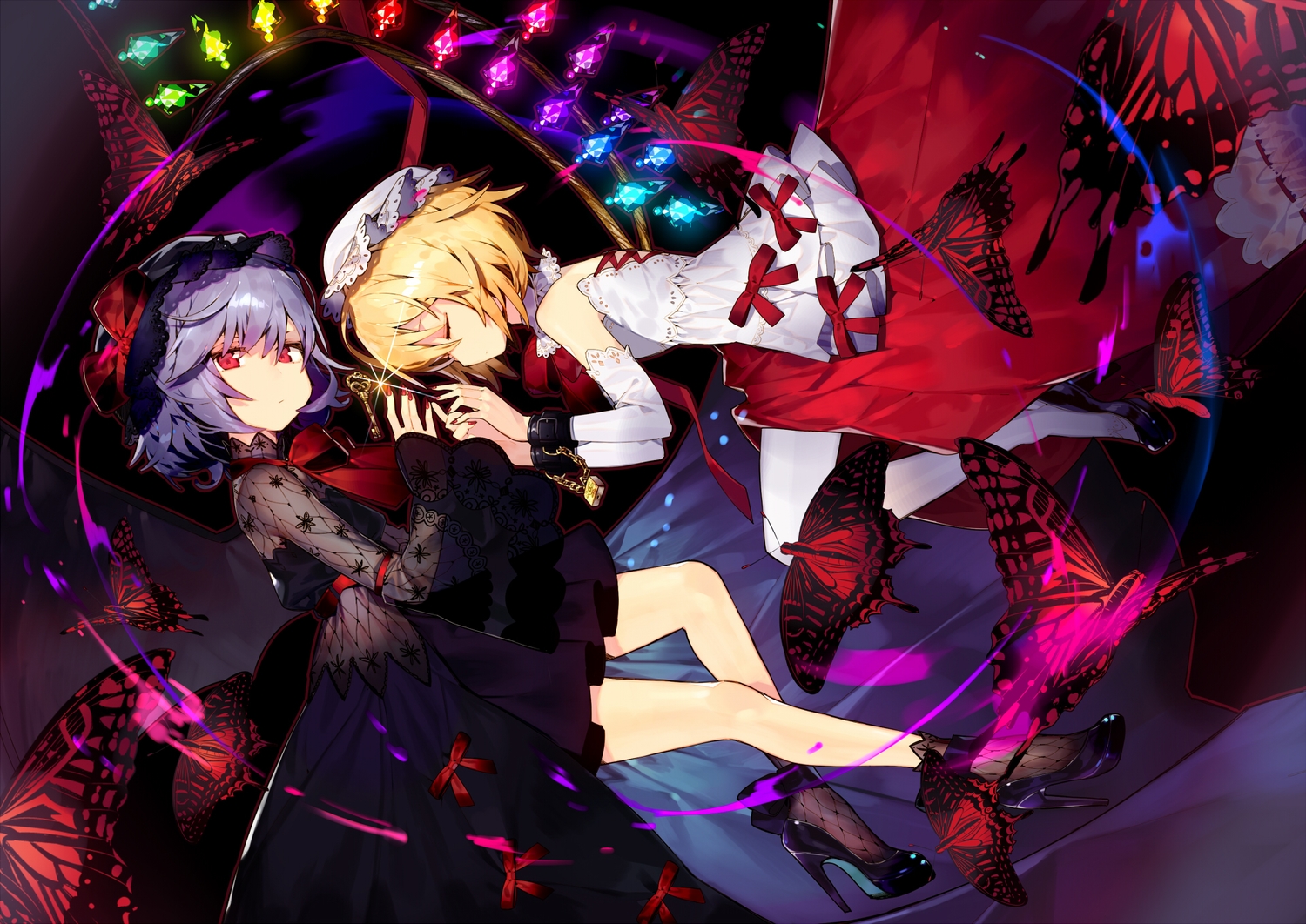 2girls, blonde_hair, chain, flandre_scarlet, gothic, hat, misoni_comi, purple_hair