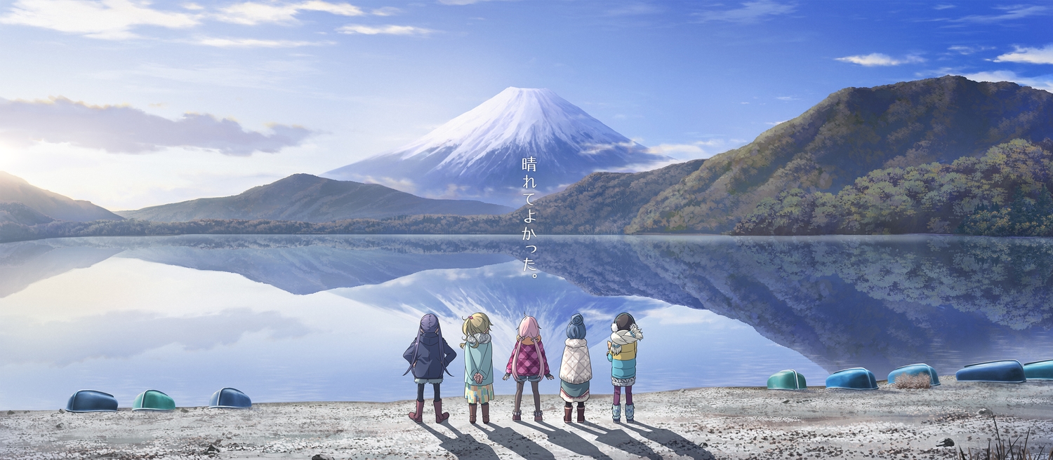 boots, brown_hair, inuyama_aoi, kagamihara_nadeshiko, landscape, long_hair, oogaki_chiaki, pantyhose, pink_hair, ponytail, reflection, saitou_ena, scarf, scenic, shade, shima_rin, shorts, skirt, tagme_(artist), twintails, water, yuru_camp