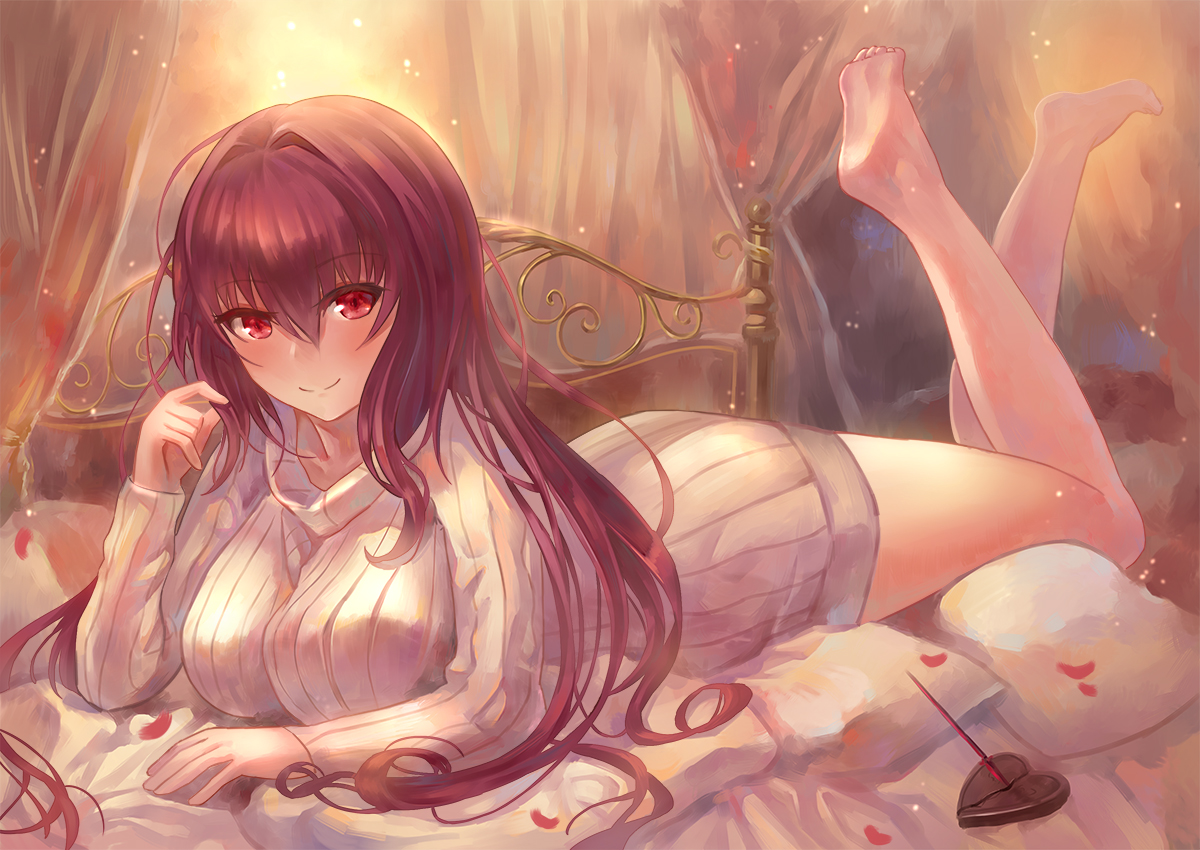 barefoot, bed, blush, breasts, candy, chocolate, dress, fate/grand_order