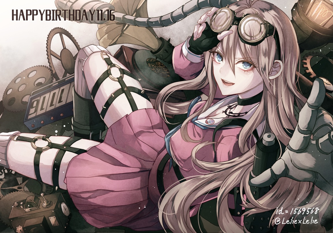 blonde_hair, blue_eyes, breasts, choker, cleavage, dangan-ronpa, garter_belt, gloves, goggles, iruma_miu, kneehighs, long_hair, necklace, new_dangan-ronpa_v3, school_uniform, signed, z-epto_(chat-noir86)