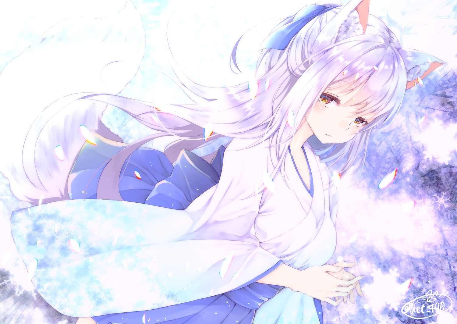 animal_ears, blush, breasts, chita_(ketchup), foxgirl, japanese_clothes, long_hair, miko, orange_eyes, original, petals, signed, tail, white_hair