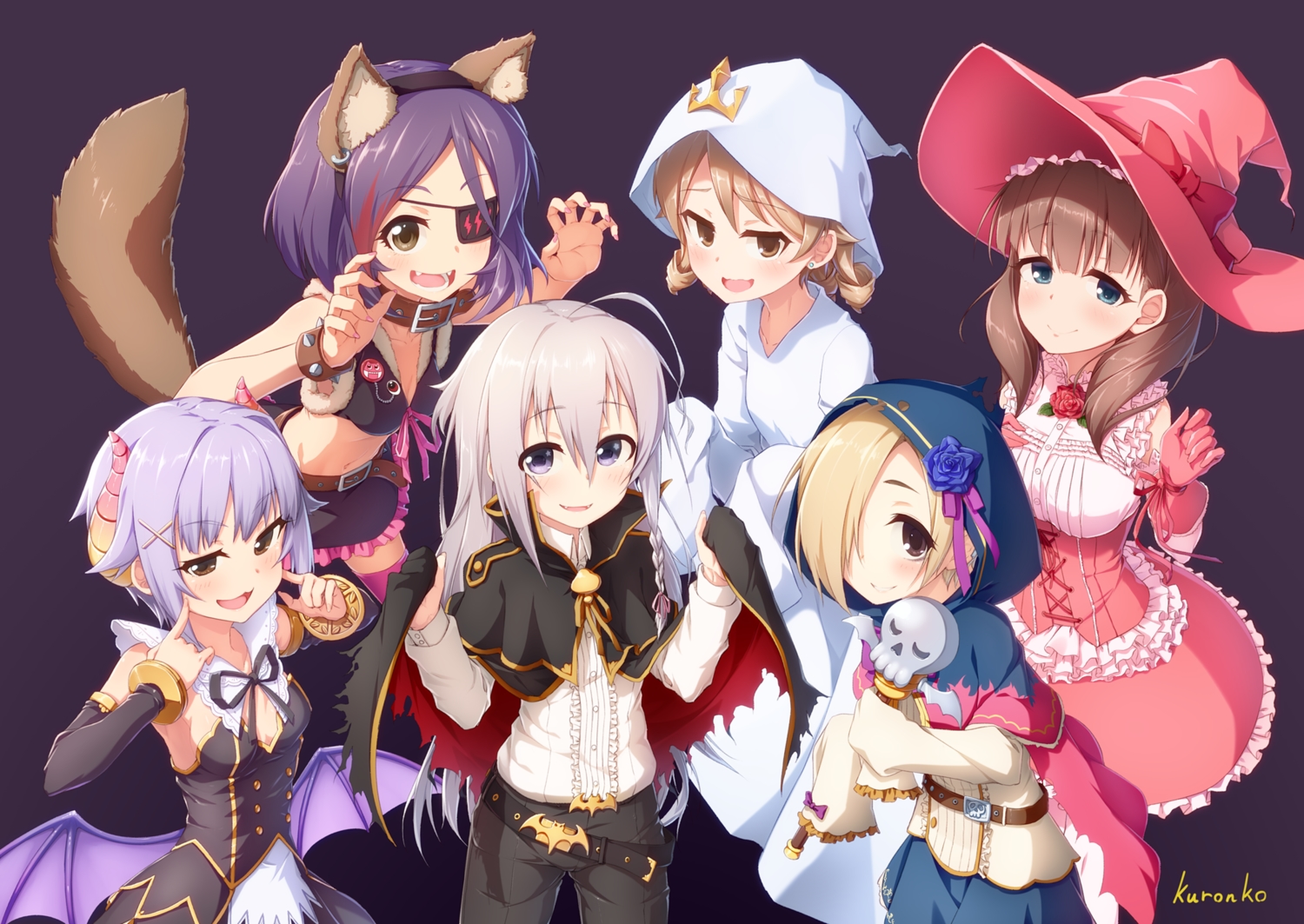 animal_ears, blonde_hair, brown_eyes, brown_hair, cape, cat_smile, collar, corset