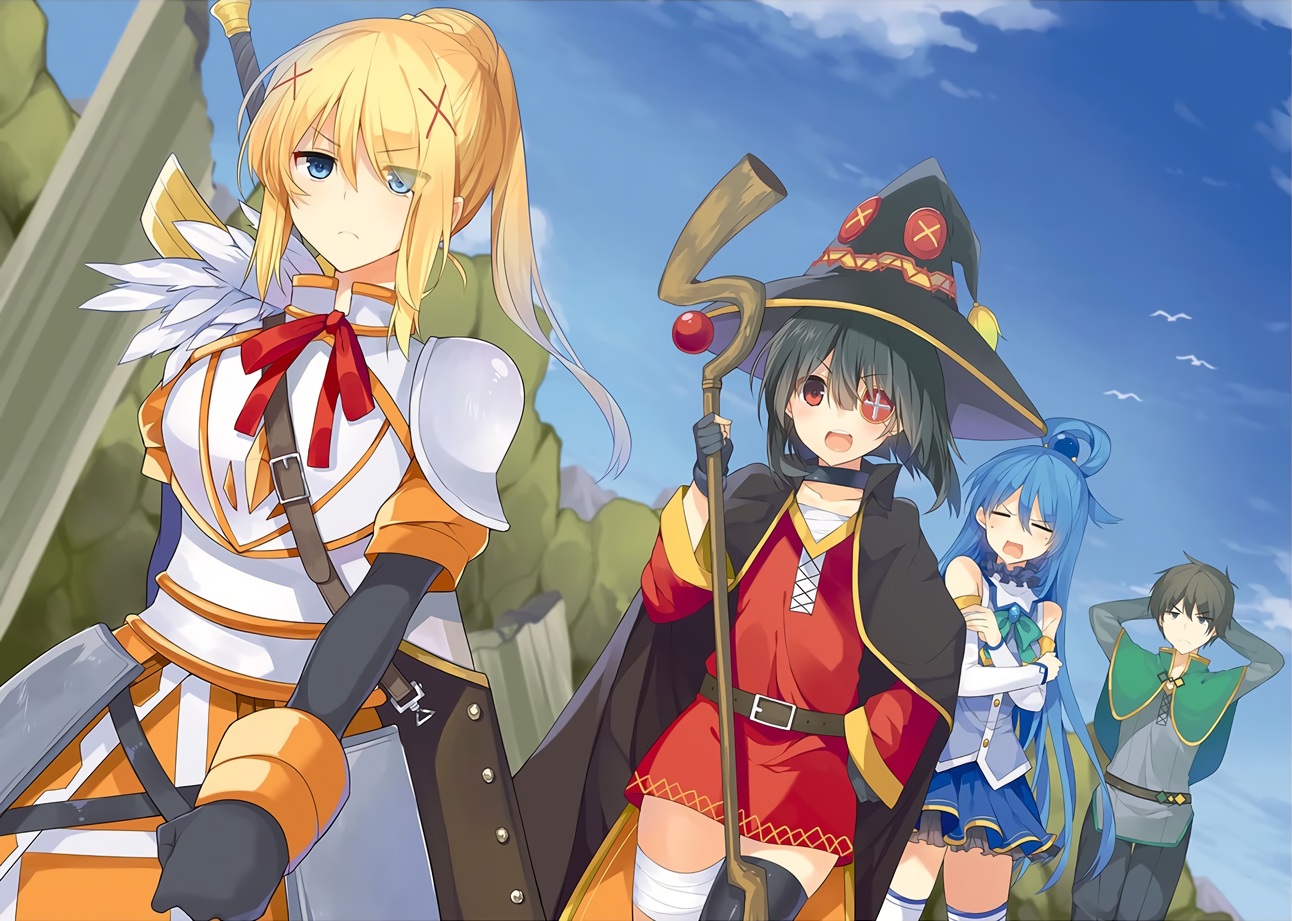 animal, aqua_(konosuba), armor, bird, black_eyes, black_hair, blonde_hair, blue_eyes