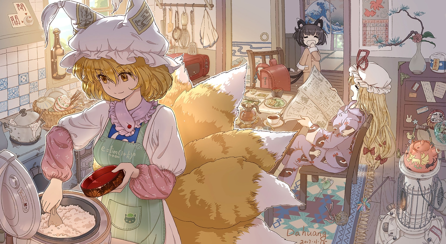 animal_ears, apron, black_hair, blonde_hair, bow, catgirl, chen, dahuang