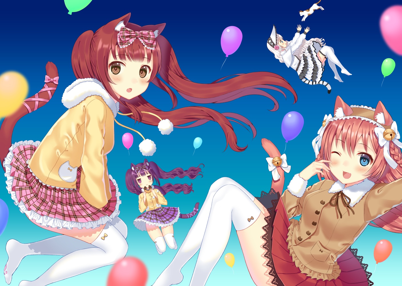 animal, animal_ears, aqua_eyes, bell, blush, bow, braids, brown_eyes, cat, catgirl, fang, food, group, lolita_fashion, long_hair, original, purple_eyes, purple_hair, red_hair, ribbons, skirt, tail, thighhighs, toujou_mina, twintails, white_hair, wink