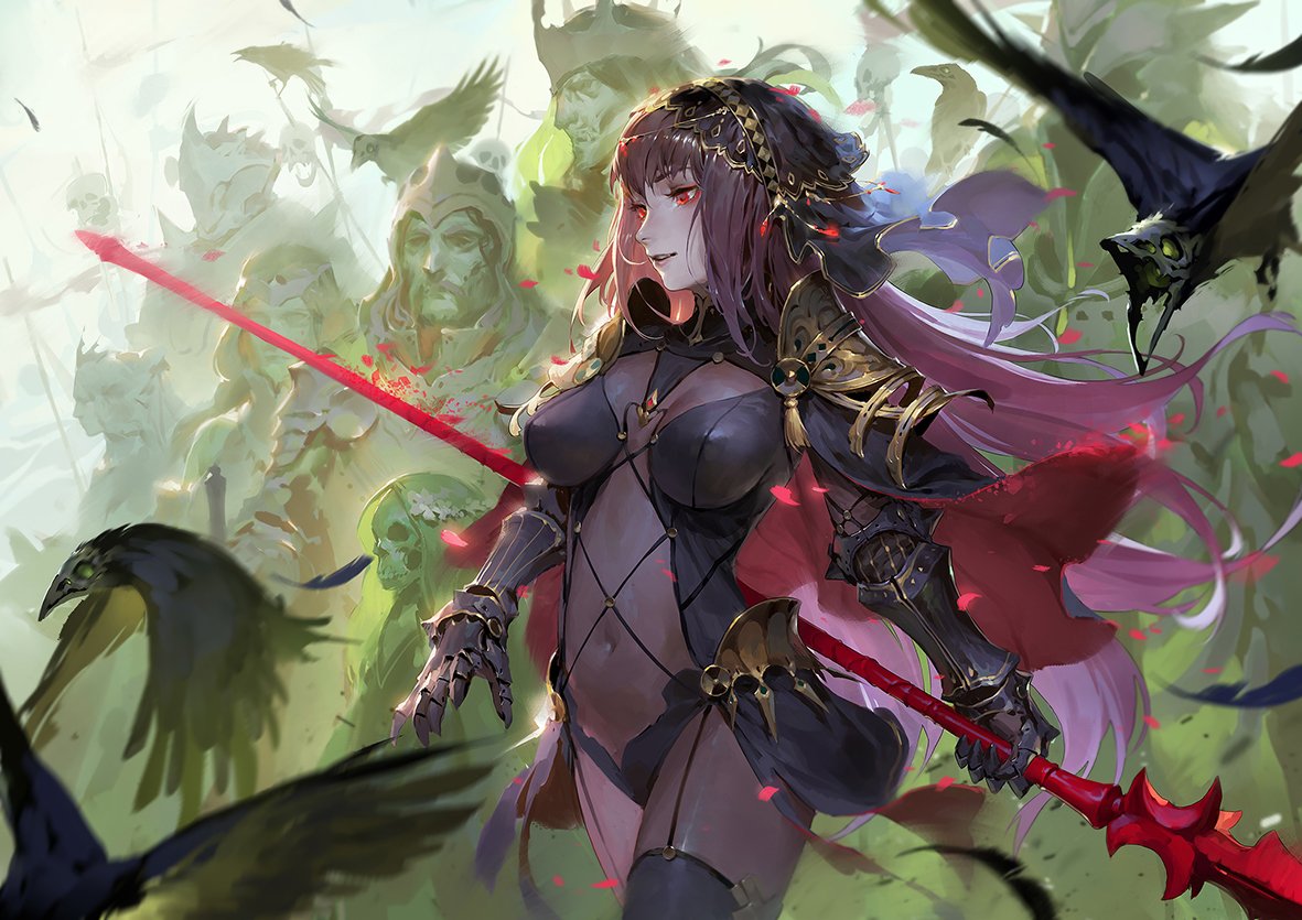 animal, armor, bird, bodysuit, breasts, fate/grand_order, fate_(series), gloves, headdress, long_hair, male, navel, purple_hair, qmo_(chalsoma), red_eyes, scathach_(fate/grand_order), skintight, spear, weapon