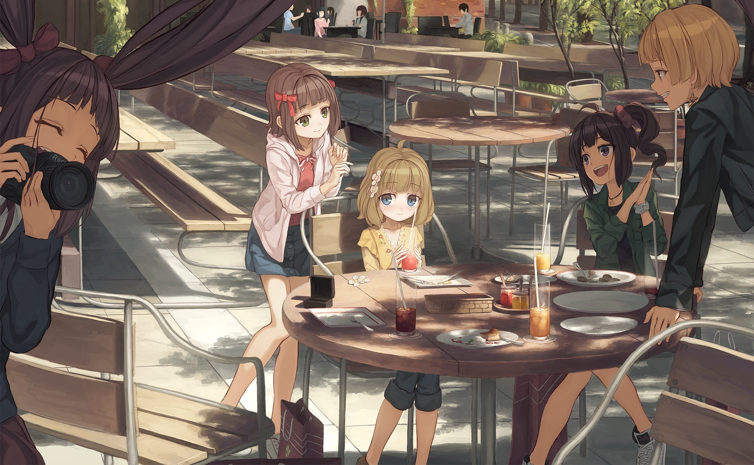 amami_haruka, black_eyes, black_hair, blonde_hair, blue_eyes, brown_hair, camera, dark_skin, food, fukuda_noriko, green_eyes, group, idolmaster, loli, long_hair, matsuda_arisa, park, ponytail, ribbons, scenic, short_hair, suou_momoko, turu, twintails, yokoyama_nao