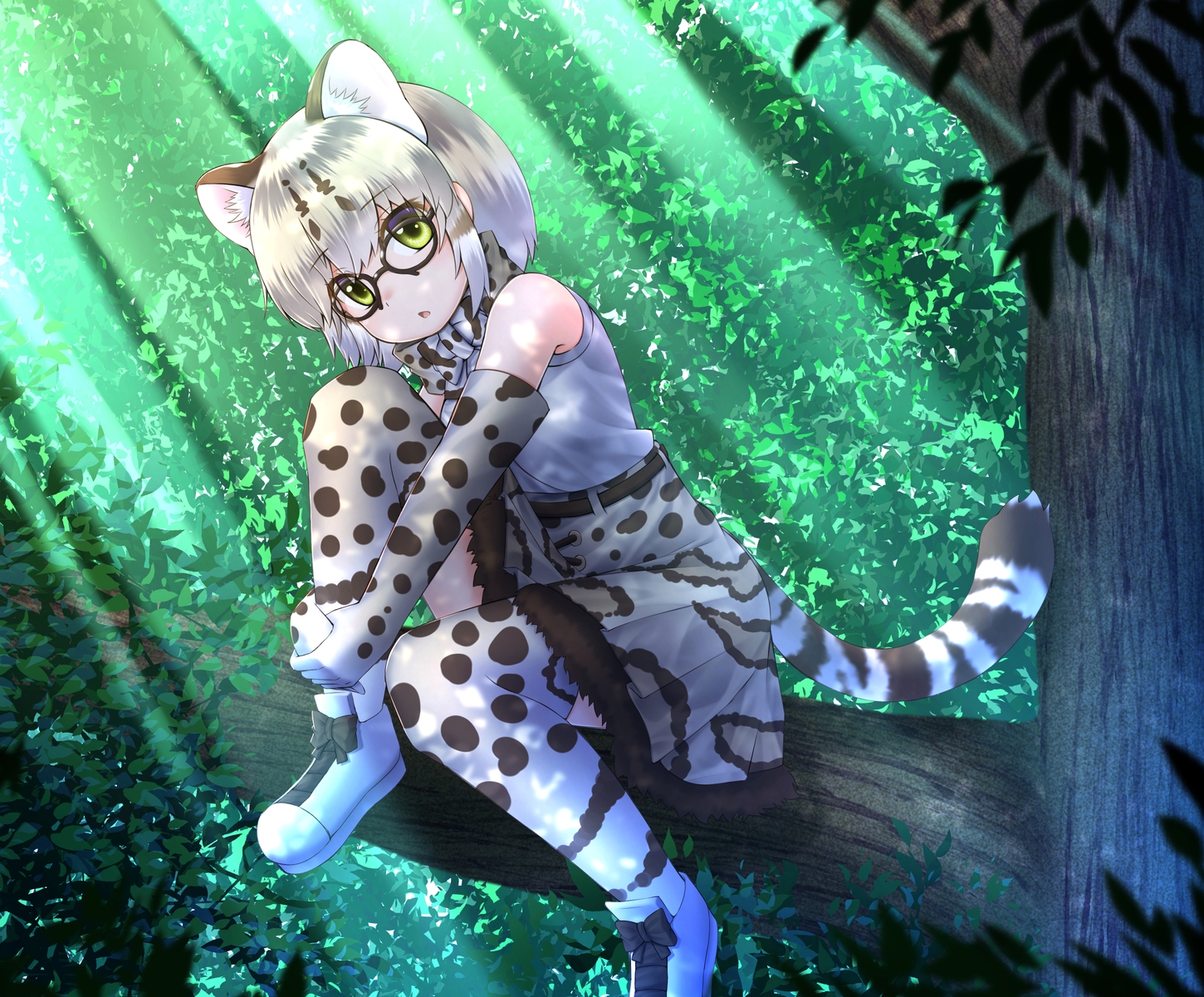 animal_ears, anthropomorphism, bow, catgirl, dress, elbow_gloves, forest, glasses, gloves, green, green_eyes, kakutasu, kemono_friends, leaves, margay_(kemono_friends), short_hair, tail, tree, white_hair