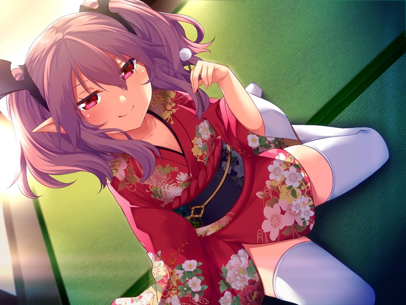 dress, horosuke_(toot08), japanese_clothes, long_hair, original, pointed_ears, purple_hair, red_eyes
