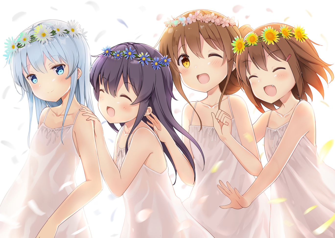 akatsuki_(kancolle), anthropomorphism, aqua_eyes, aqua_hair, bell_(oppore_coppore), black_hair, blush, brown_hair